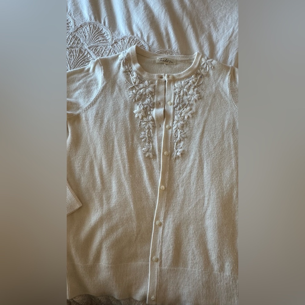 Vintage Embellished Floral Cardigan – Cream – Medium (Fits Large - Picture 4 of 9